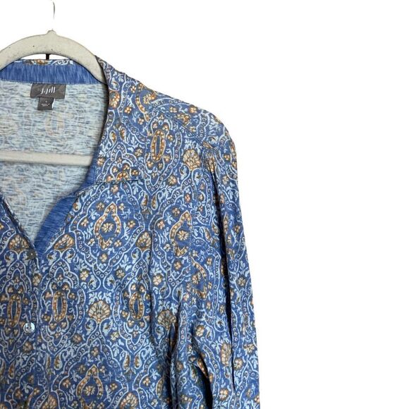 J Jill Large Blue Multicolor Paisley Print Button Up Tunic Top Stretch Blouse - Picture 3 of 8